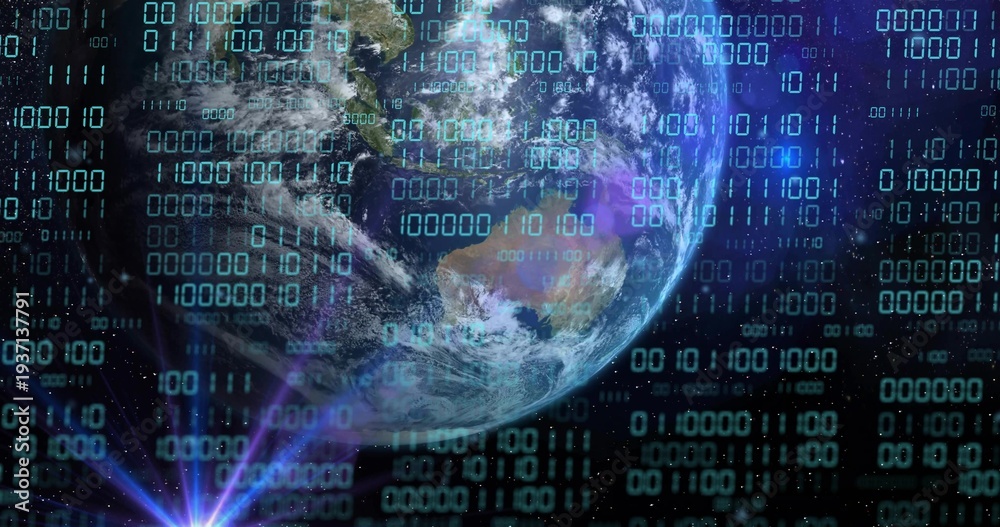 Obraz premium Showing Earth globe with clouds oceans lands in starfield, overlaying binary digits and purple beam