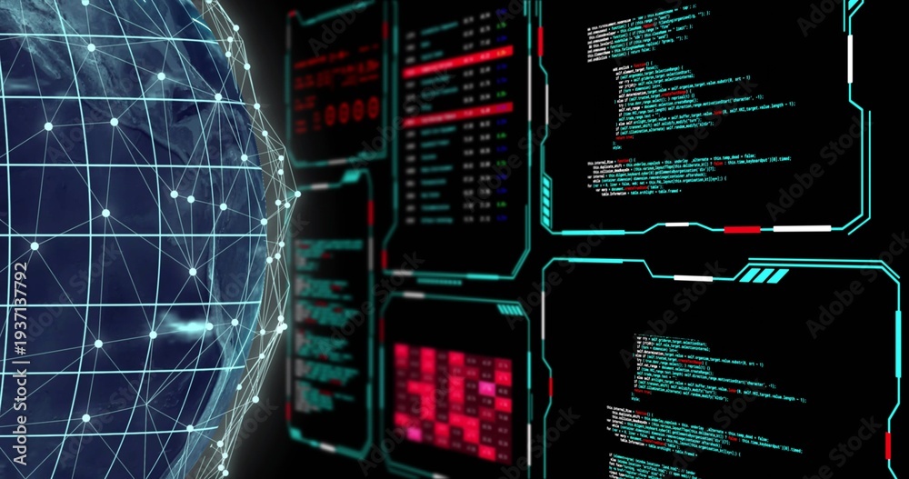 Fototapeta premium Displaying wireframe globe rotating with glowing nodes in dashboard, with HUD panels, copy space