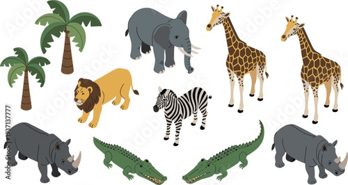 African safari wildlife isometric animal set, elephant, giraffe, lion, zebra, crocodile, rhinoceros, palm trees, savanna nature vector illustration