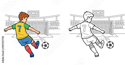 Cartoon boy playing soccer in stadium, colorful illustration and black and white coloring book page vector
