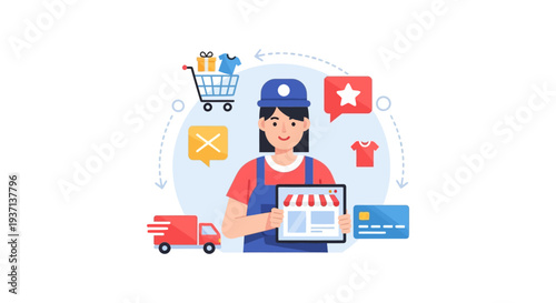 Woman Managing Online Store: E-commerce Retail, Digital Shopping, Delivery & Payment Solutions