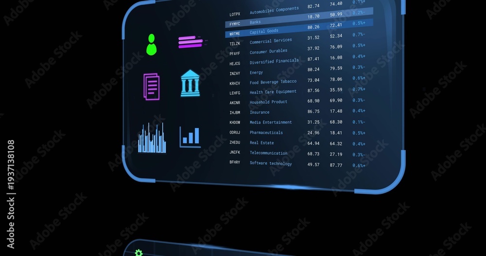 Naklejka premium Floating curved transparent holographic panel showing financial table in dark studio, with UI icons