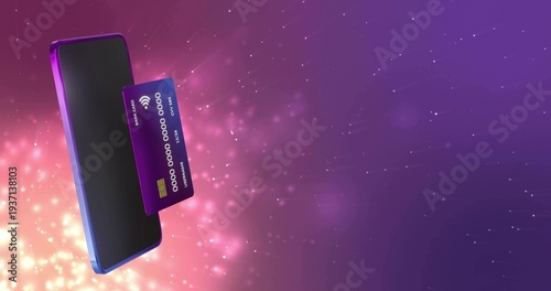 Floating phone and purple credit card hovering in studio with contactless symbol, bokeh, copy space