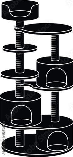 cat tree silhouette, pet furniture tower, cat climbing playground, scratching post house, multi level cat condo, pet activity center