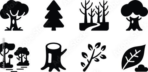 Black and white forest tree icon set, woodland nature silhouettes, leaf branch stump landscape minimal vector illustration collection