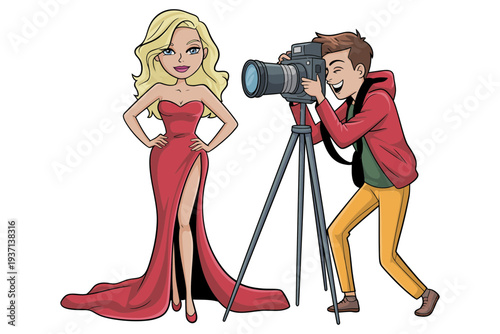 A photographer takes a picture of a beautiful woman in a red dress