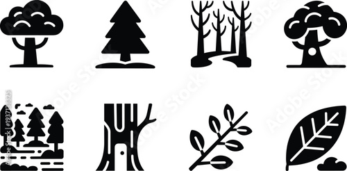 Black and white forest tree icon set, woodland nature silhouettes, leaf branch stump landscape minimal vector illustration