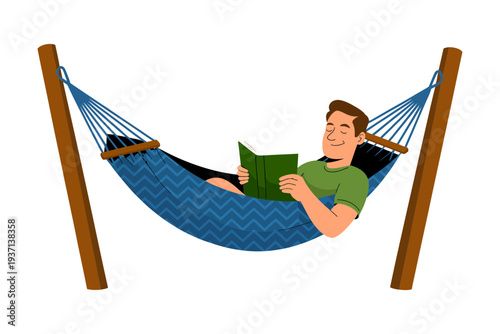 A man relaxing in a blue hammock reading a green book