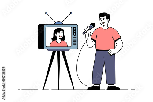 Television vector illustration of a man speaking into a microphone next to a TV