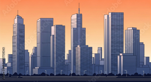 Modern City Skyline with Tall Skyscrapers at Sunset.