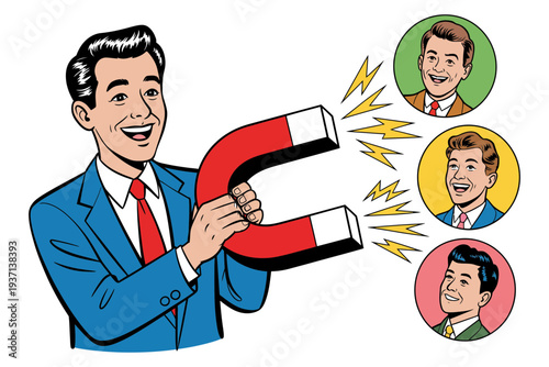 A businessman in a blue suit holding a large magnet attracting other businessmen