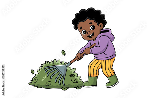 A young boy raking leaves in a cartoon illustration style