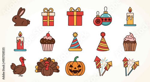 Holiday icons festive collection illustrations
