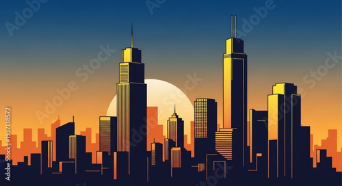 City Skyline with Tall Skyscrapers and Sunset.
