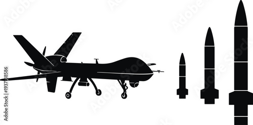 Military drone UAV and missile silhouette set, unmanned aerial vehicle with rockets and weapons, defense aviation vector illustration isolated collection