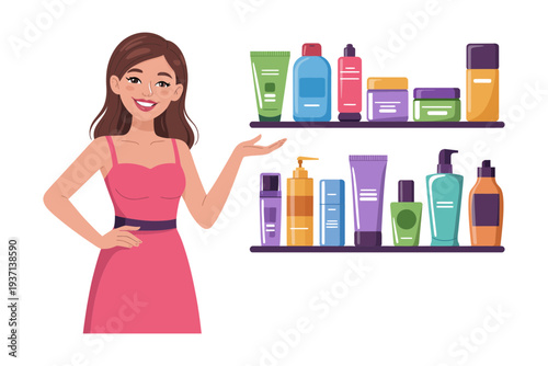 A cartoon woman presenting colorful cosmetic products on shelves