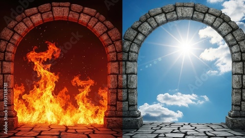 Dramatic fire through ancient stone arch revealing bright sunny sky landscape
