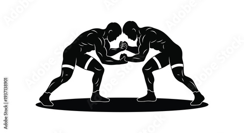 A black and white illustration depicts two muscular men engaged in an arm wrestling competition