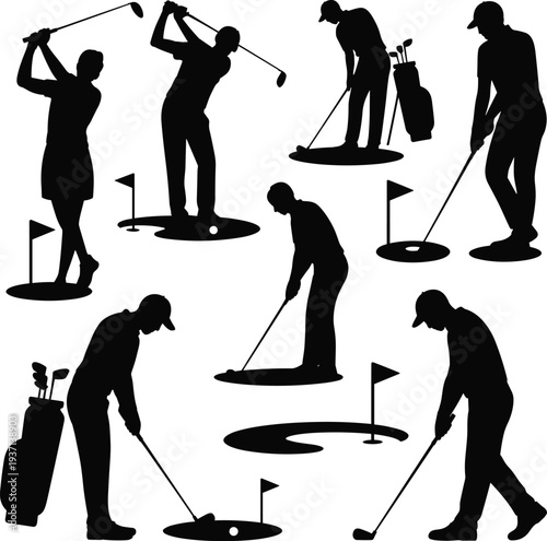 golf player silhouettes collection, golfer swinging club, putting practice scene, golf sport activity set, professional golfer illustration