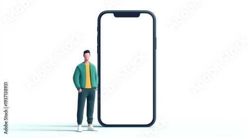 Young man standing next to large smartphone with blank screen.