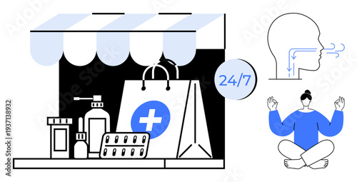 Healthcare access, pharmacy services, wellness, meditation, respiratory health, online services. Medical bag and pills with a cross, head with airways person meditating. Healthcare and pharmacy