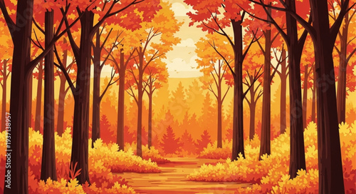 Autumn Forest Path with Vibrant Fall Foliage.
