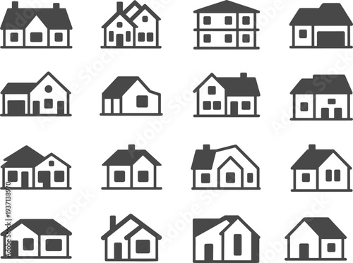 Set of twelve dark grey simple house icons with clean lines on a white background home building