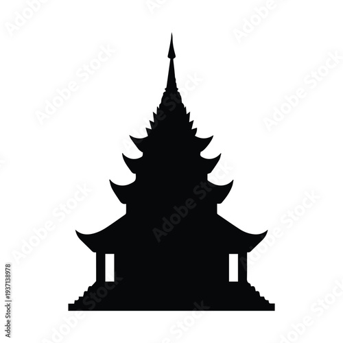 Elegant black silhouette of a traditional Asian temple with spire
