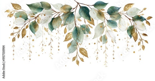 Watercolor illustration of eucalyptus leaves in shades of green and gold with delicate embellishments