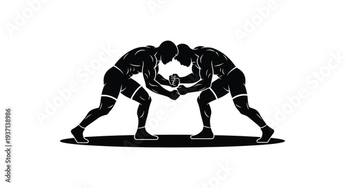 Two muscular figures engage in a wrestling match locked in a fierce grappling pose high quality