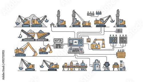 Heavy machinery and equipment used in construction and mining processes.