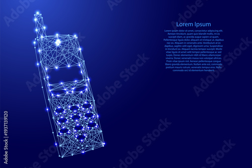 old push-button cell phone with an antenna from futuristic polygonal blue lines and glowing stars for banner, poster, greeting card