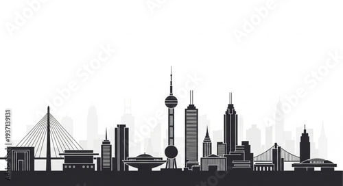 Silhouette of Modern City Skyline with Skyscrapers and Tower.