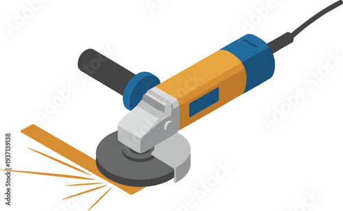 Isometric angle grinder cutting metal plate with sparks, electric power tool for construction and metalworking vector illustration