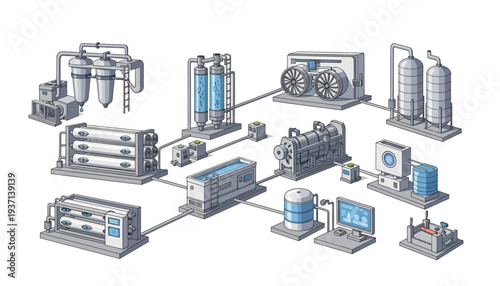 Industrial equipment and machinery components diagram illustration.