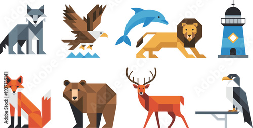 Foto Geometric wildlife animal vector set, wolf, eagle, dolphin, lion, fox, bear, dee