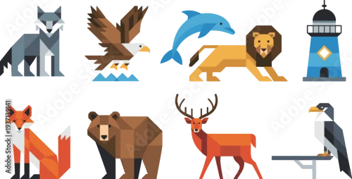 Fototapeta samoprzylepna Geometric wildlife animal vector set, wolf, eagle, dolphin, lion, fox, bear, deer, falcon lighthouse nature illustration