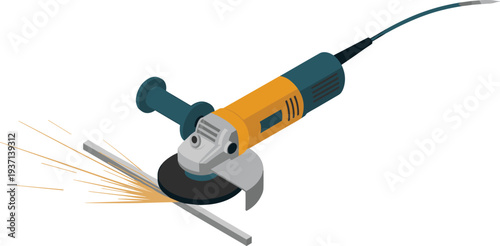 Isometric angle grinder cutting metal with sparks, electric power tool for construction, industrial equipment vector illustration