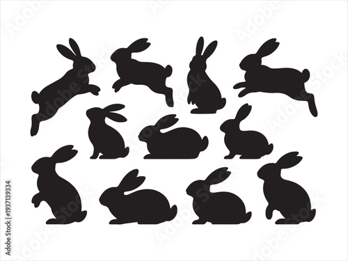 Rabbit silhouettes vector set showing different poses and movement, Rabbit Silhouette Set Different Bunny Poses Vector Illustration