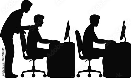 office workers, teamwork concept, business colleagues working computer, office desk workplace, professional collaboration, corporate job environment, employee productivity, modern office silhouette