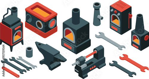 Isometric blacksmith workshop equipment set with furnace anvil lathe wrench tools metal forging machinery industrial illustration