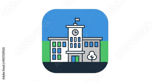 Modern School Building with Clock Tower and Flag.