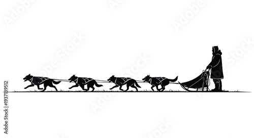 A silhouetted depiction of a dog sled team moving across a snowy landscape with a musher