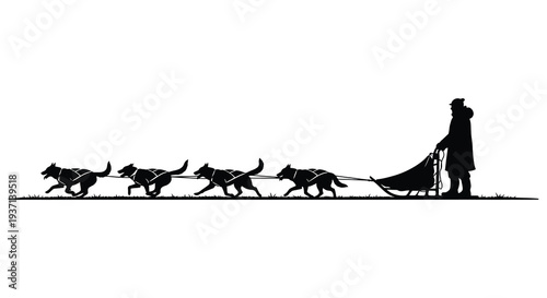 A silhouetted image depicts a musher leading a team of six huskies pulling a sled