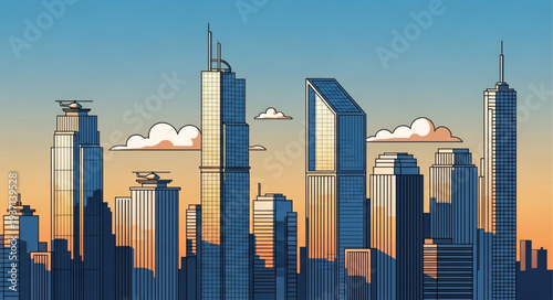 Modern City Skyline with Tall Skyscrapers at Sunset.