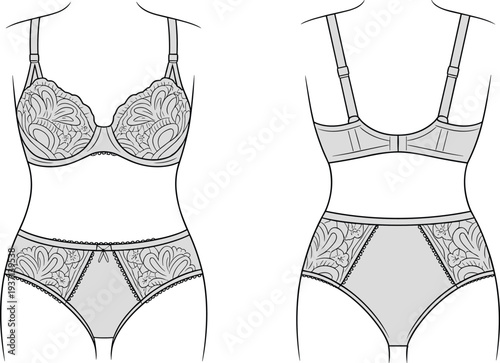 Women lace lingerie set technical fashion illustration, bra and panties front and back view template, elegant underwear apparel line drawing