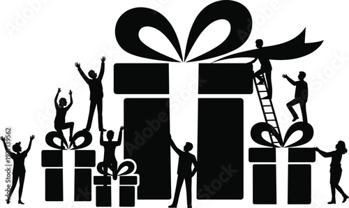 people celebrating gift boxes silhouettes, big present surprise concept, teamwork celebration event, holiday gift giving illustration, festive happiness