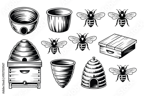 Bee vector illustration set with beehives and flying bees