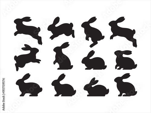 Rabbit silhouettes vector set showing different poses and movement, Rabbit Silhouette Set Different Bunny Poses Vector Illustration