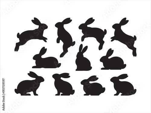 Rabbit silhouettes vector set showing different poses and movement, Rabbit Silhouette Set Different Bunny Poses Vector Illustration